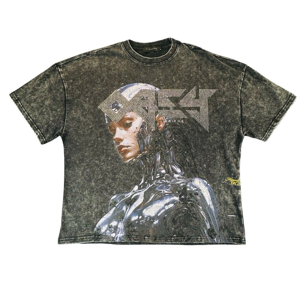 Vie Riche Sz L Obey Futuristic Android Cyborg Face Bold Urban Rhinestone Shirt